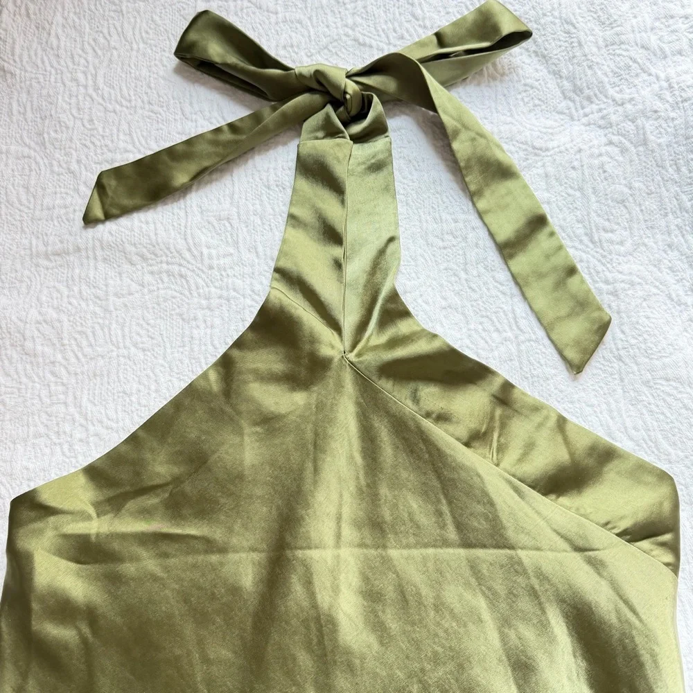 New! Petal + Pup Grasie Olive Green Satin Halter Maxi Dress Size 8 41370 - Picture 9 of 14